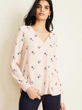 Light Pink Ann Taylor Floral Mixed Media Pleat Front Top